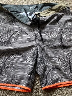 Hurley Black and White Wave Print Board Shorts with Orange Trim